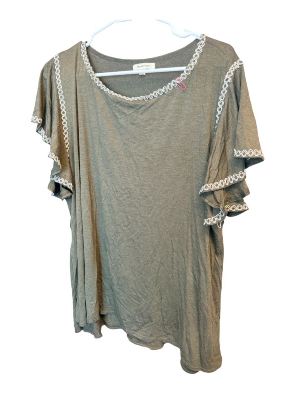 Max Studio Olive Neutral Ruffle Sleeve Top with Lace Trim